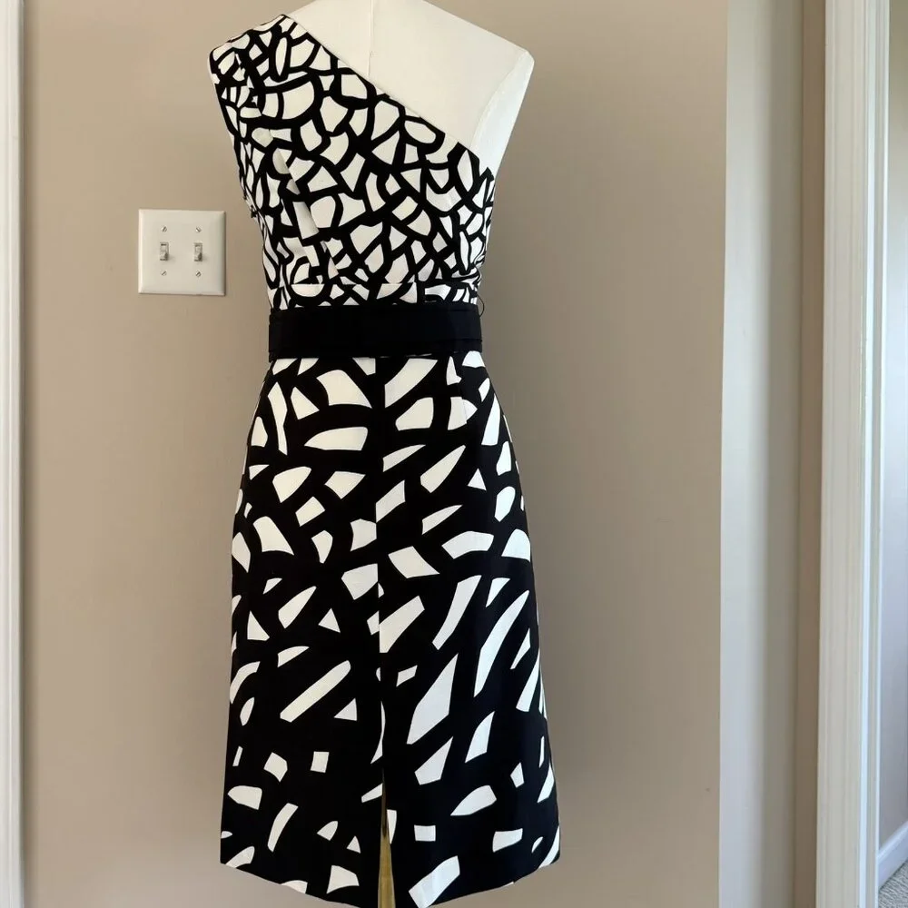 NWT ETCETERA | One Shoulder Black & White Silk Dress Sz 8 - Picture 2 of 7